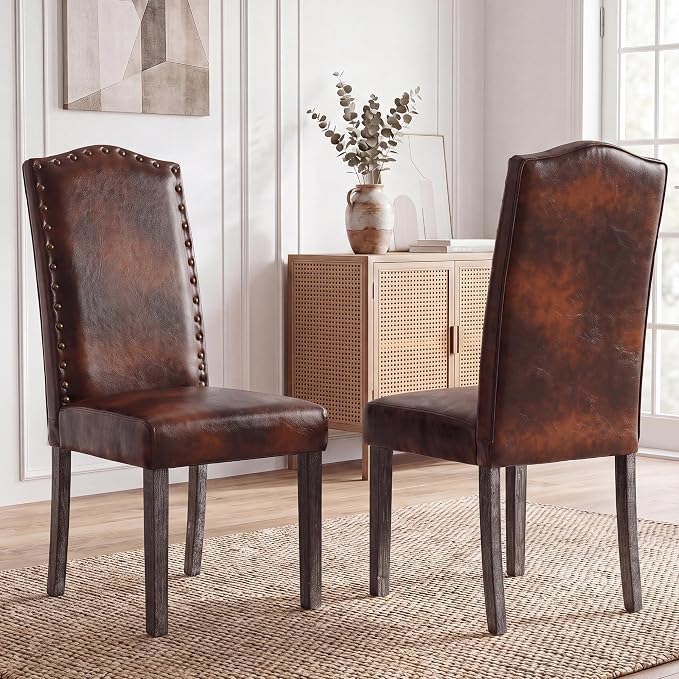 LSSBOUGHT PU Dining Chair Upholstered Parsons Kitchen Chair with Copper Nails and Solid Wood Legs for Dining Room,Restaurant (Vintage Brown, 2PCS)