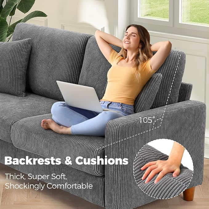 Kidirect 70in L Shaped Couch, Modular Sofa No Tool Assembly, Comfy Sectional Couches for Living Room 21in Deeper Seats, Corduroy Sofas for Living Room with 2 Pillows, Loveseat Sofa Set, Grey Couch
