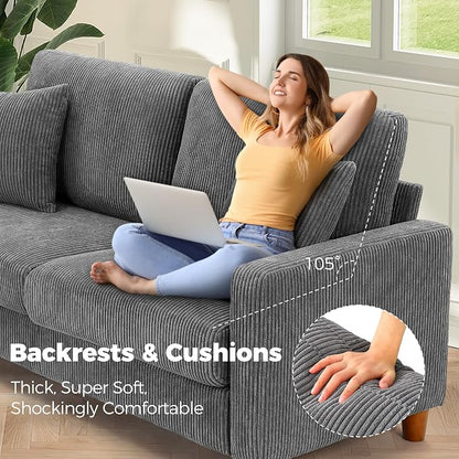 Kidirect 70in L Shaped Couch, Modular Sofa No Tool Assembly, Comfy Sectional Couches for Living Room 21in Deeper Seats, Corduroy Sofas for Living Room with 2 Pillows, Loveseat Sofa Set, Grey Couch