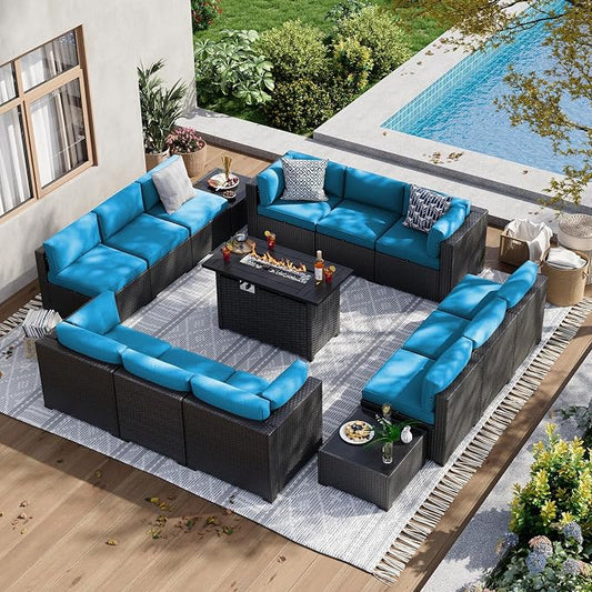 Aoxun 15 Piece Patio Furniture Set with 44” Fire Pit Table, Wicker Rattan Patio Sectional Sofa, Outdoor Furniture Set with Thickened Cushion, Peacock Blue