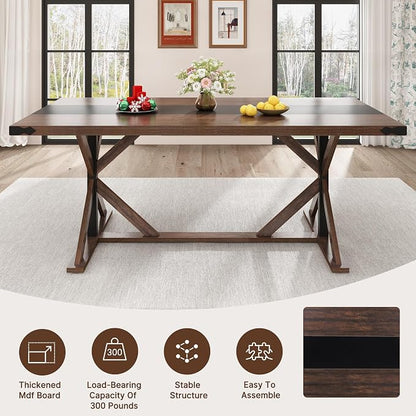 Hlivelood 71 Inch Dining Table for 6 People, Rectangular Kitchen Farmhouse Table W/Thickness Waterproof Wood Tabletop,Long Dining Room Tables W/Wood Strip Base for Kitchen Living Room(BR)