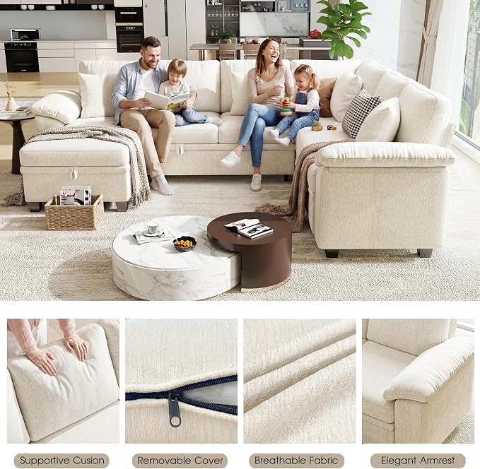 107.8" Modular Sectional Sleeper Sofa with Pull Out Bed, U Shaped 7 Seat Couch with 221L Storage, Convertible Cloud Couch Bed with Ottoman, Sectional Couches for Living Room, Apartment (Beige)