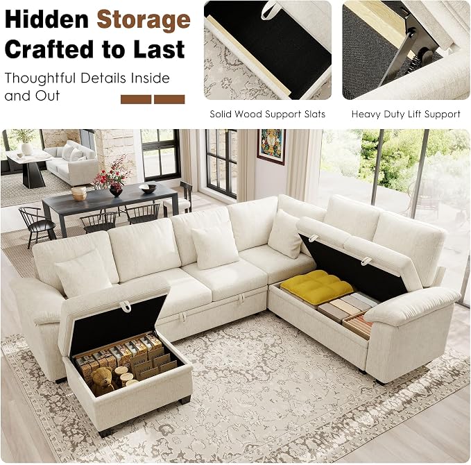 Ihanherry 108" Modular Sectional Sofa with Pull Out Bed, 7-Seater L Shaped Sectional Sleeper Couch with Storage, Chenille Convertible Couches for Living Room, Apartment (Beige)