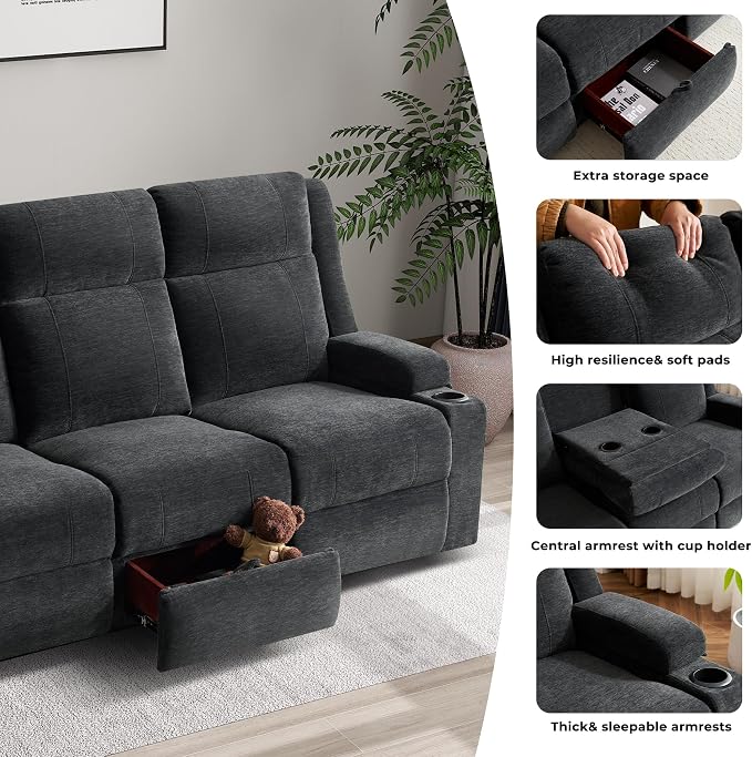 GUEAPY Large Manual Reclining Sofa – 3-Seater Chenille Reclining Couch with Cup Holders, Wide Seat, Easy Assembly & Spill-Resistant Fabric – Cozy Reclining Sofa for Living Room, Apartment, RV（Black）