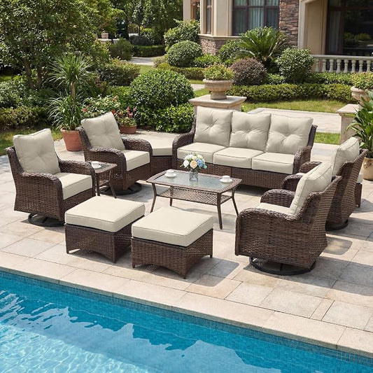 Patio Furniture Set, 12PCS Outdoor Wicker Conversation Set with 6" Thick Cushions, High Back Rattan Sofa & Swivel Rocker Chairs, Weather Resistant Olefin Fabric for Garden, Poolside, Beige