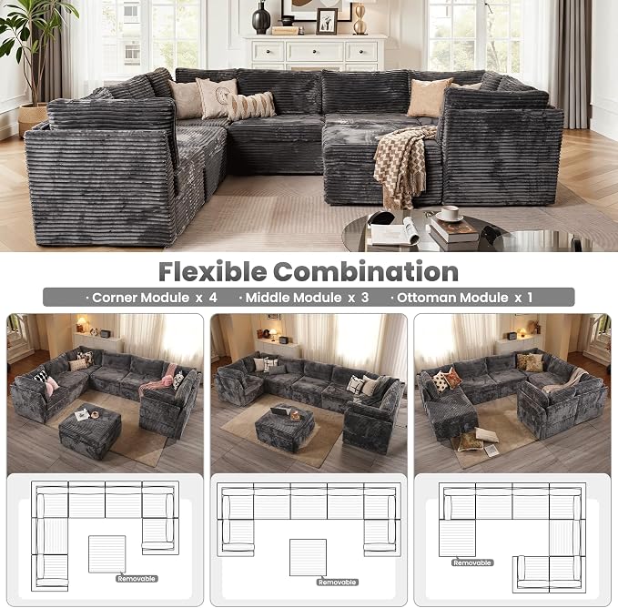 ovios Modular Sectional Sofa Couch with Sofa Bed L-Shape Chaise, Comfy Plush Corduroy Cloud Couches, Modern Luxury Deep Seat Sofas Set for Living Room, 8-Seater, Grey