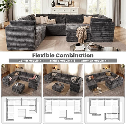 ovios Modular Sectional Sofa Couch with Sofa Bed L-Shape Chaise, Comfy Plush Corduroy Cloud Couches, Modern Luxury Deep Seat Sofas Set for Living Room, 8-Seater, Grey
