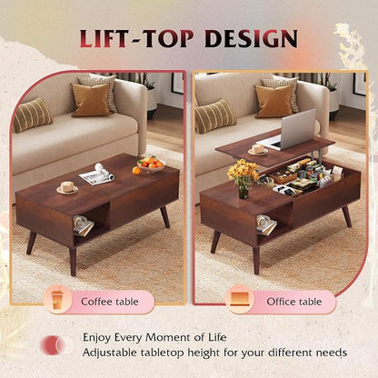 WLIVE Coffee Table for Living Room, Lift Top Coffee Table with Storage, Small Rising Wooden Dining Center Table with Storage Shelf & Hidden Compartment, 39" Espresso