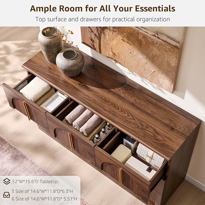ACCOHOHO Arched 9 Drawers Dresser for Bedroom, 52" Wide Modern Chest of Drawers with Rounded Edge & Metal Handles, Wood Storage Closet Dressers TV Stand for Living Room, Hallway, Brown