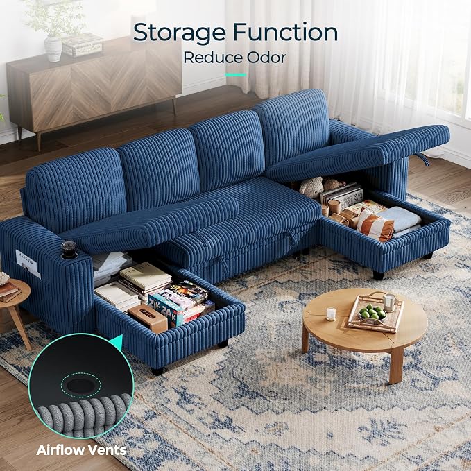 LINSY HOME Sectional Sleeper Sofa Pull Out Couches for Living Room (Blue, Sleeper Sofa 3) | Pull Out Sofa Bed, Storage, USB Charging, Cup Holders, Plush Corduroy