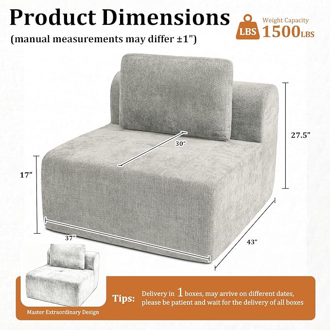 37" Oversized Boneless Couch, Comfort Cloud Sectional Couches for Living Room, Modular Sofa High Back & Extra Deep Seat, No Assembly, Soft Chenille Fabric (Light Grey, 37 inch-Single Seat)