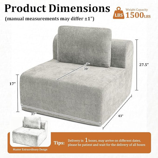 37" Oversized Boneless Couch, Comfort Cloud Sectional Couches for Living Room, Modular Sofa High Back & Extra Deep Seat, No Assembly, Soft Chenille Fabric (Light Grey, 37 inch-Single Seat)