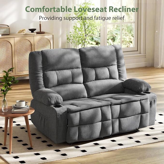 Loveseat Recliner Sofa, Wall Hugger Reclining Loveseat with Cup Holders & Storage Pockets, 150° Adjustable RV Couch, Traditional 2-Seat Reclining Couch for Living Room, RV, Home Theater, Grey