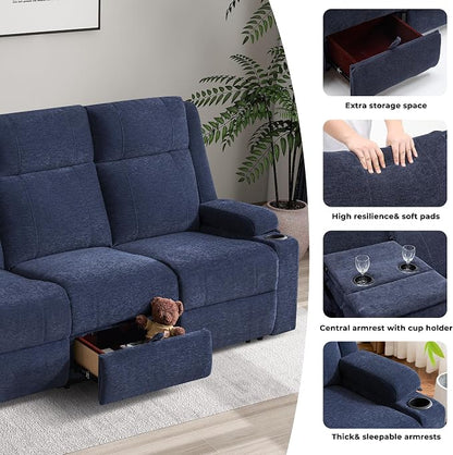 GUEAPY Large Manual Reclining Sofa 3-Seater Chenille Recliner Couch with Cup Holders, Wide Seat, Easy Assembly & Spill-Resistant Fabric Cozy Reclining Sofa for Living Room, Apartment, RV, Blue