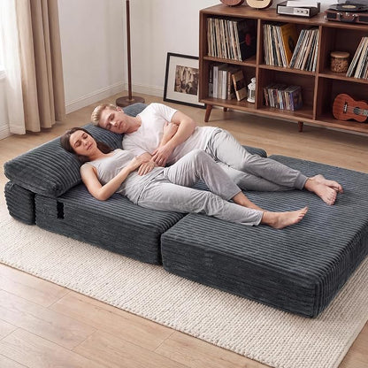 Convertible 4-in-1 Folding Sofa Bed 54" Loveseat Boneless Sleeper Chair Couch Foldable Chaise Lounger & Mattress Pocket Coils+Foam Medium Support, Portable No Assembly for Living Room/Bedroom, Full XL