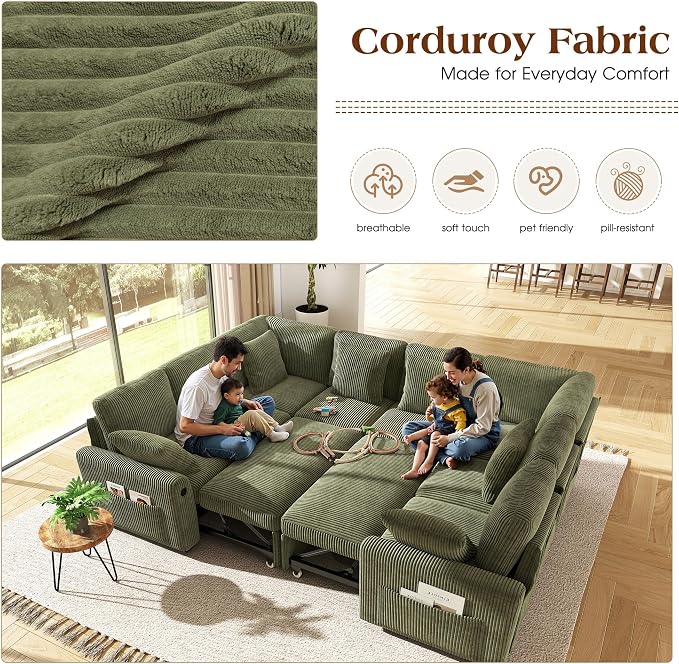 Ihanherry 8-Seater Large Sectional Sofa Bed with Storage Lovescat, Corduroy Modular Sleeper Sofa with USB Port & 6 Pillows, 110" U-Shaped Convertible Couch for Large Living Room（Green）