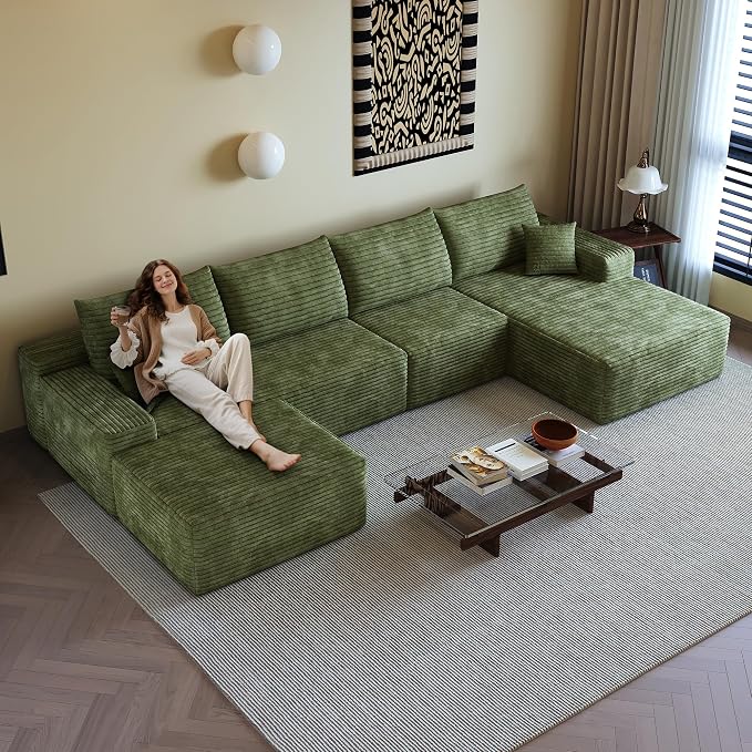 136" Sectional Couches for Living Room Modern Modular Sofa with L-Shape Couchs Upholstered Boneless Couch Deep Seat Sectional Couch with Chaise (Green, 136"Right facing chaise+3Seaters+Ottoman)