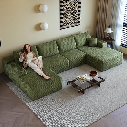 136" Sectional Couches for Living Room Modern Modular Sofa with L-Shape Couchs Upholstered Boneless Couch Deep Seat Sectional Couch with Chaise (Green, 136"Right facing chaise+3Seaters+Ottoman)