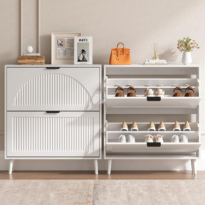 BORNOON Shoe Cabinet for Entryway with 2 Flip Drawers, Slim Wooden Shoe Storage Organizer with Modern Fluted Pannel，Freestanding Narrow Hidden Shoe Rack for Hallway, Foyer, Living Room