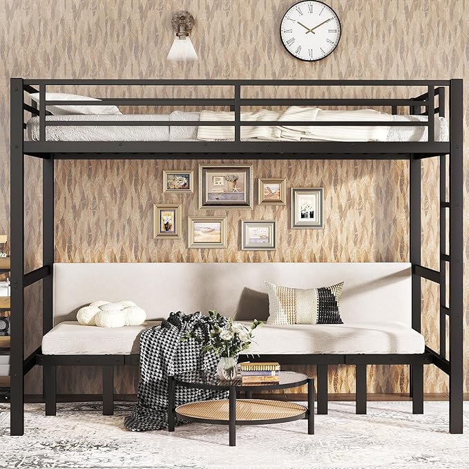 Bellemave Twin XL Futon bunk Bed, Lower bunk can be Pulled Out in Three Sections, Loft Bed with Sofa for Teens, Adults, Bedroom, Black(Excluding Cushions and mattresses)