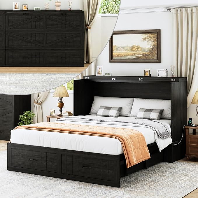 Queen Murphy Bed with Storage & Charging Station, Farmhouse Murphy Cabinet Bed with Large Drawer, Hideaway Foldable Platform Bed for for Guest Room, Bedroom, Home Office, Mattress Not Included, Black