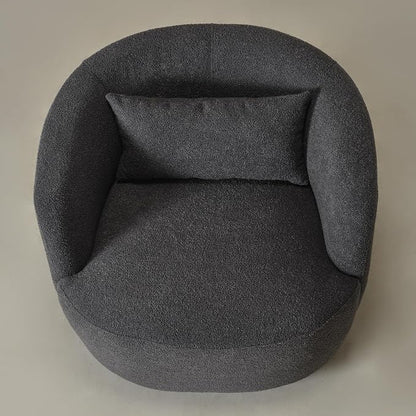 KINWELL 34" Wide Boucle Swivel Barrel Chair, No Assembly Round Upholstered Armchair Accent Chair Single Sofa Chair with Toss Pillow for Living Room and Bedroom, Dark Grey