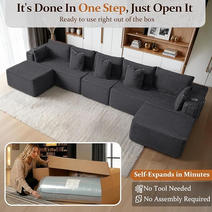 168" Cloud Sectional Couch, Comfort U Shaped Sofa for Living Room, Extra Deep Seats No Assembly, Minimalist Modular Couch, Corduroy (Dark Grey, 7 Seats,U-Shape A)