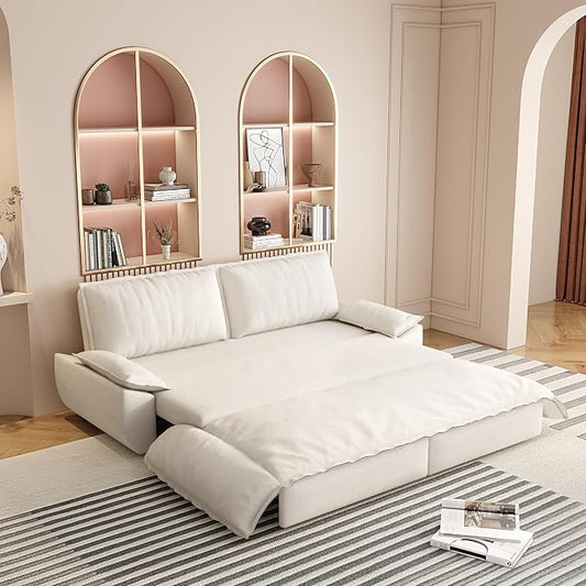 73.2" Sleeper Sofa Bed Queen, 3-in-1 Convertible Couch, Modern Pull Out Couches, Comfy Velvet Futon Sofa, Cloud Loveseat Lounge, Pillow Arm, for Small Spaces, Apartment, Living Room, Beige