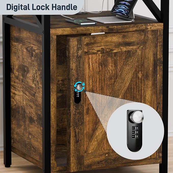 Night Stand Set 2, Bedroom Nightstands, Matching Bedside Table, Retro Brown | Lock and Charging Station, USB C Port, Large Lockable Storage Cabinet, End Tables with Door, Metal and Wood Bed Side Tables