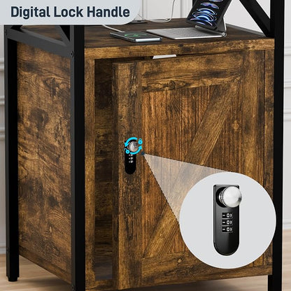 Night Stand Set 2, Bedroom Nightstands, Matching Bedside Table, Retro Brown | Lock and Charging Station, USB C Port, Large Lockable Storage Cabinet, End Tables with Door, Metal and Wood Bed Side Tables