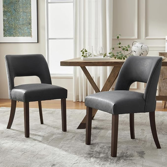 VKNOW Modern Dining Chairs Set of 2 with Rubberwood Legs, Black | Faux Leather, Curved Back, For family, Kitchen Dining Room Restaurant Reception Room, No wobble, 80% pre-installed