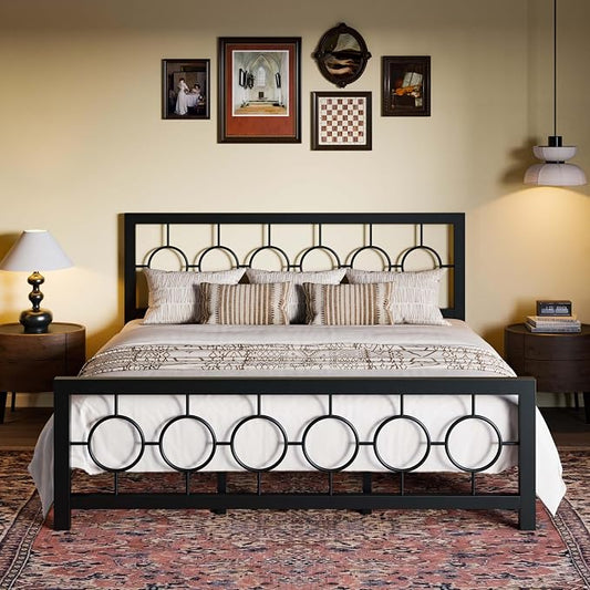 SHA CERLIN King Size Metal Bed Frame with Vintage Circular Design Headboard and Footboard,No Box Spring Required,Easy Assembly,Noise-Free,Black