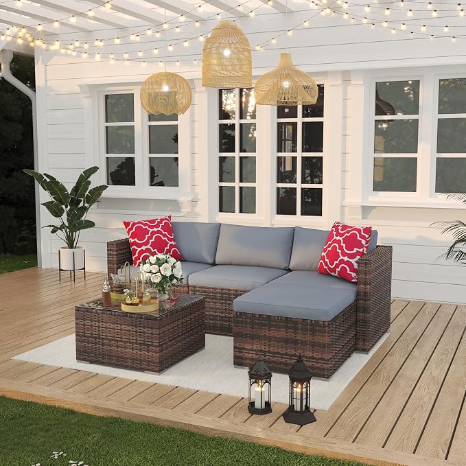 Patio Furniture Set 4 Pieces, Outdoor Patio Furniture Set with Rattan Wicker Chairs, Glass Table and Cushions for Porch, Balcony, Backyard, Garden, Poolside, Brown & Red (Brown + Light Grey, 5 Pieces)