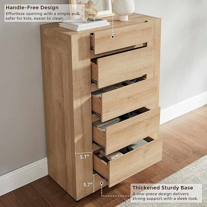 OKD 5 Drawer Dresser for Bedroom, 48" Tall Dresser Chest of Drawers with Thick Wood Design, Handleless, Modern Bedroom Dresser, Storage Organizer for Living Room/Entryway, Natural Oak