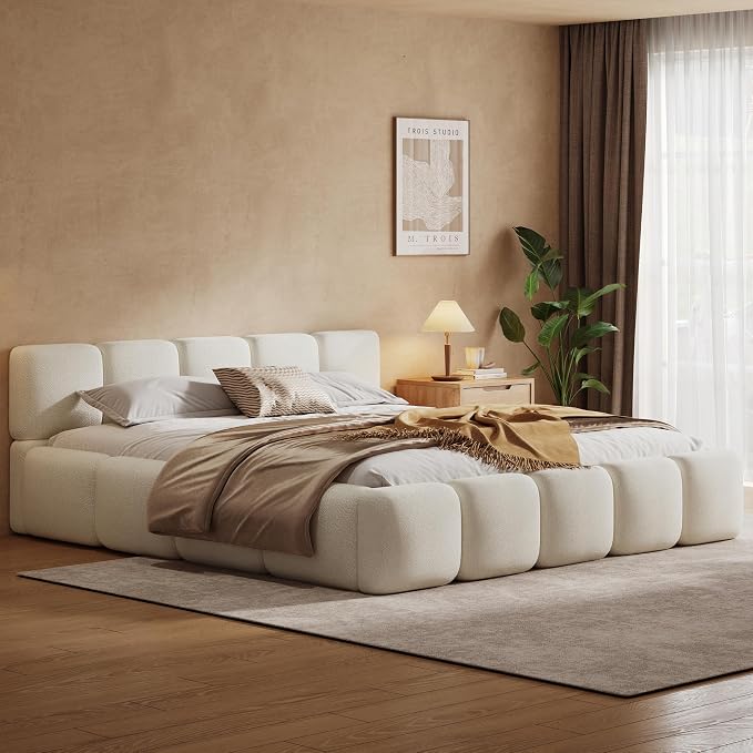 Merax California King Size Boucle Platform Bed with Thick Headboard and Footboard, Block Style Upholstery Floor Bed Frame, White