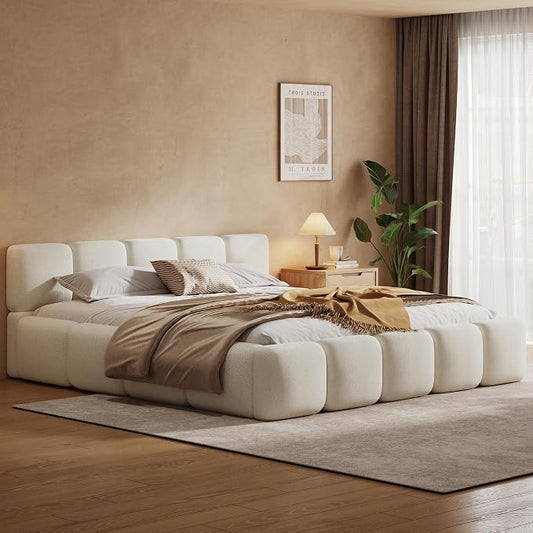 Merax California King Size Boucle Platform Bed with Thick Headboard and Footboard, Block Style Upholstery Floor Bed Frame, White