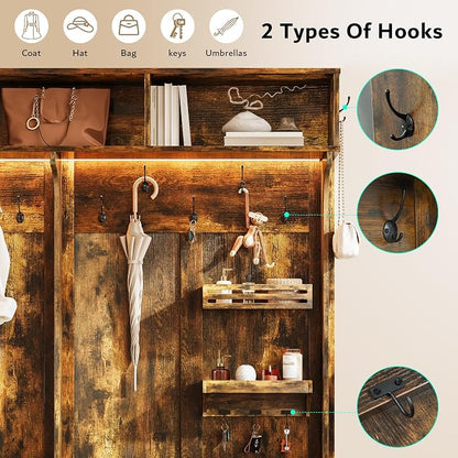 iPormis 70“ Large Hall Tree with Bench and Adjustable Storage Shelves, 6-in-1 Farmhouse Entryway Bench w/Coat Rack, Top Storage, Small Shelves for Entryway, Living Room, Led Lights, Rustic Brown
