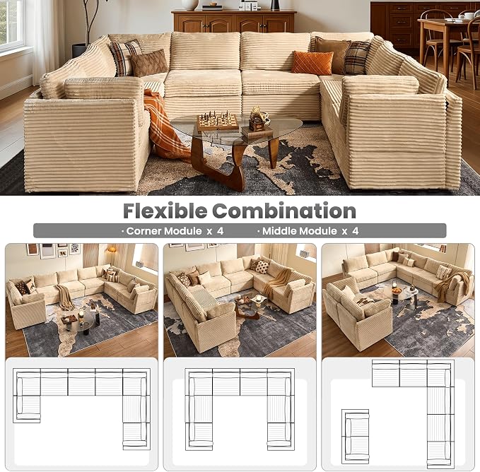 ovios Modular Sectional Sofa Couch with U-Shape Chaise Oversized, Comfy Plush Corduroy Cloud Couches, Modern Luxury Deep Seat Sofas Set for Living Room, 8-Seater, Beige