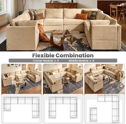 ovios Modular Sectional Sofa Couch with U-Shape Chaise Oversized, Comfy Plush Corduroy Cloud Couches, Modern Luxury Deep Seat Sofas Set for Living Room, 8-Seater, Beige
