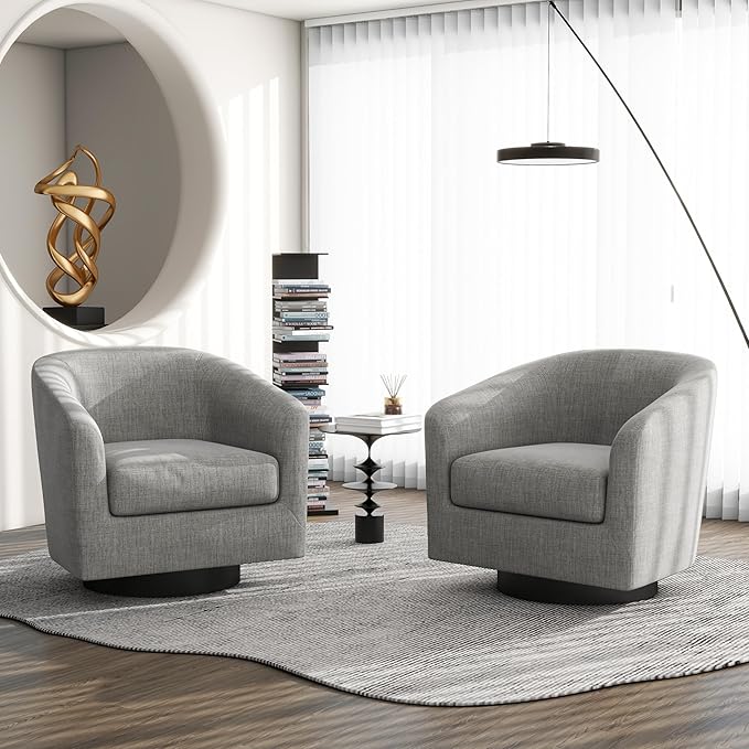 Swivel Barrel Accent Chair, Modern Round Linen Arm Chair for Living Room, Bedroom, Comfy Club Reading Chairs for Adults（Linen Fabric, Light Grey, Set of 2