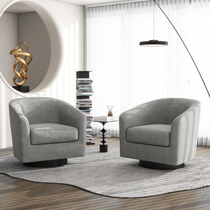 Swivel Barrel Accent Chair, Modern Round Linen Arm Chair for Living Room, Bedroom, Comfy Club Reading Chairs for Adults（Linen Fabric, Light Grey, Set of 2