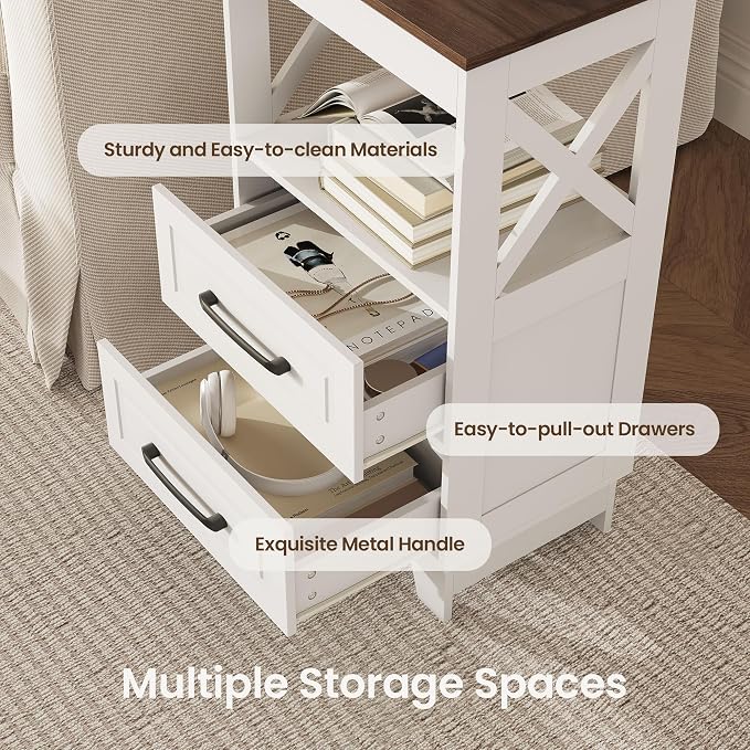 Tall Nightstand Set of 2 Side Table with 2 Drawers Modern Night Stand Wooden Rustic End Table Bedside Table with Below Open Shelf Solid Feet for Bedroom White+Walnut
