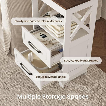 Tall Nightstand Set of 2 Side Table with 2 Drawers Modern Night Stand Wooden Rustic End Table Bedside Table with Below Open Shelf Solid Feet for Bedroom White+Walnut