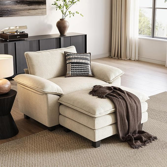 LINSY HOME Cloud Sofa Accent Chair with Ottoman Chaise Lounge Chair Indoor, Corduroy Couch Sofa Chair for Living Room Apartment Bedroom Office, Beige