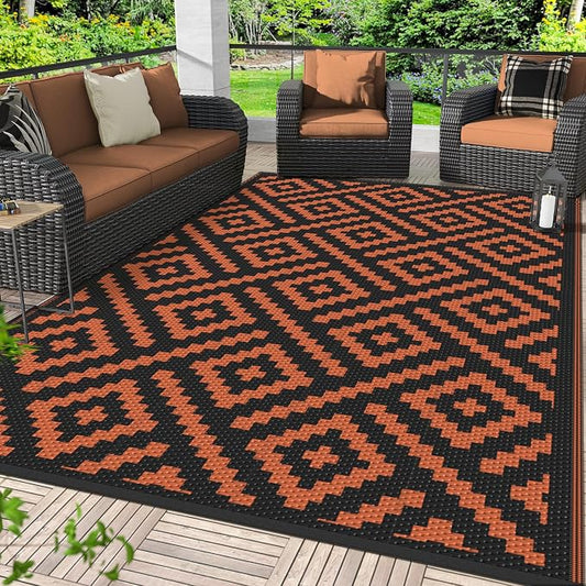 GENIMO Outdoor Rug for Patio, 6'x9' Fall Reversible Plastic Straw Rugs, Waterproof Halloween RV Camping Mat Lightweight Carpet for Camper, Balcony, Deck, Backyard, Picnic, Black Orange