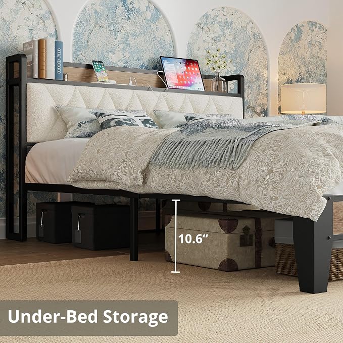 ANCTOR Queen Bed Frame with Storage Headboard & Charging Station, Metal Platform Queen Bed, Upholstered Tufted Headboard, Heavy Duty Slat Support, Noise Free, No Box Spring Needed, Wood and Cream