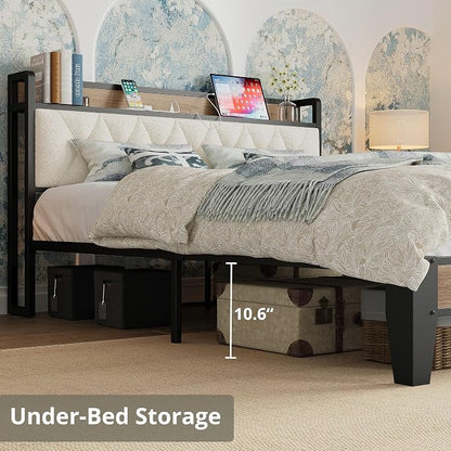 ANCTOR Queen Bed Frame with Storage Headboard & Charging Station, Metal Platform Queen Bed, Upholstered Tufted Headboard, Heavy Duty Slat Support, Noise Free, No Box Spring Needed, Wood and Cream