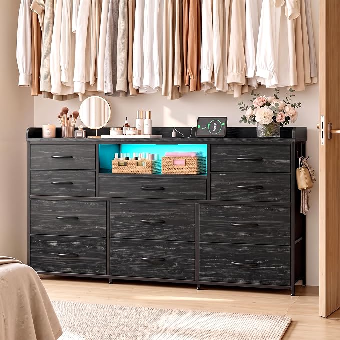 Bepatio LED Dresser for Bedroom with 11 Drawers,Power Strip,4 Hooks,Black | Stylish Dressers & Chests of Drawers with 2 Wood Storage Shelves, TV Stand for 50/55/60 Inch TVs, Sturdy Metal Frame