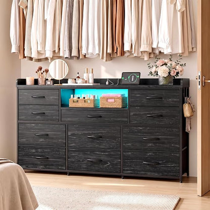 Bepatio LED Dresser for Bedroom with 11 Drawers,Power Strip,4 Hooks,Black | Stylish Dressers & Chests of Drawers with 2 Wood Storage Shelves, TV Stand for 50/55/60 Inch TVs, Sturdy Metal Frame