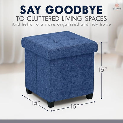 Ornavo Home Storage Ottoman with Legs, Square Cube Foot Rest Stool Seat, for Living Room, Bedroom, Home Office, Dorm - 15 x 15 x 15, Navy Blue